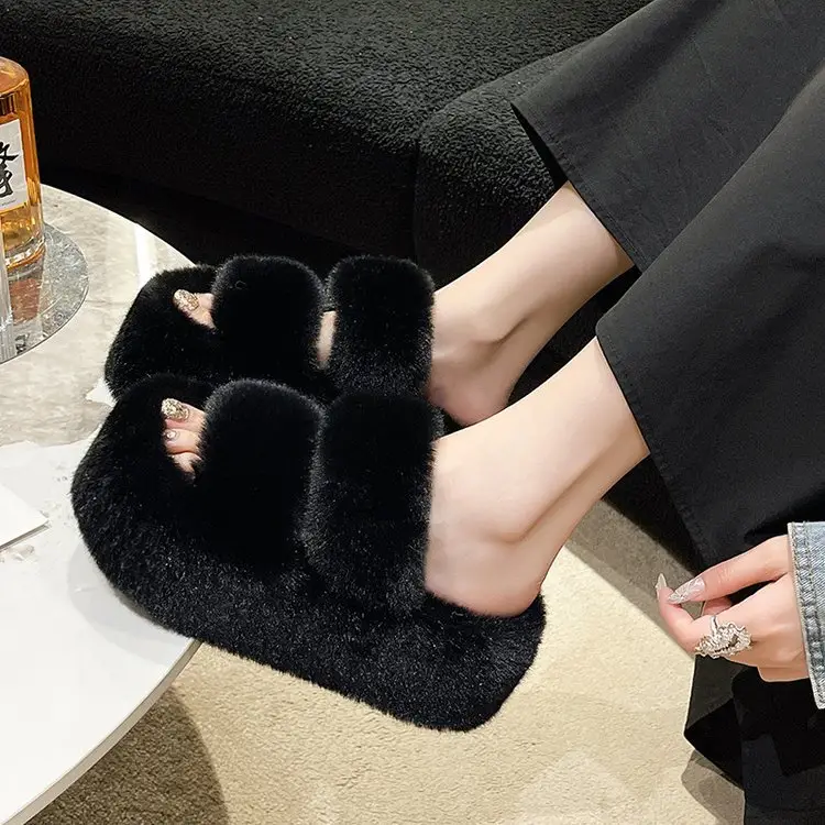 2025 Spring and Autumn New Style Puff Platform Thick Bottom Height Increased Plush Fluffy Cotton Slippers Women's Outwear Home Fluffy Shoes