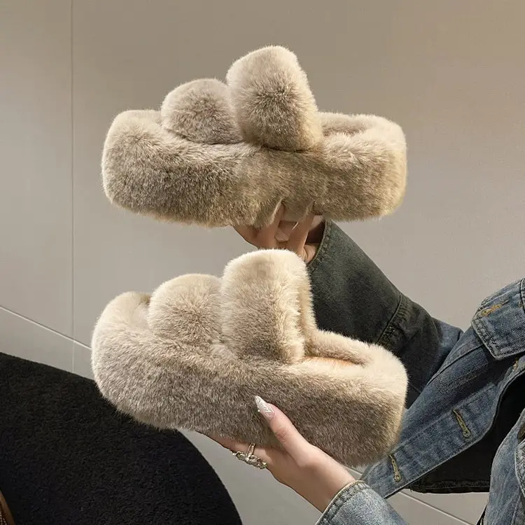 2025 Spring and Autumn New Style Puff Platform Thick Bottom Height Increased Plush Fluffy Cotton Slippers Women's Outwear Home Fluffy Shoes