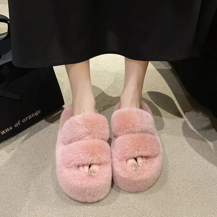 2025 Spring and Autumn New Style Puff Platform Thick Bottom Height Increased Plush Fluffy Cotton Slippers Women's Outwear Home Fluffy Shoes