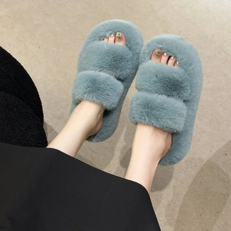 2025 Spring and Autumn New Style Puff Platform Thick Bottom Height Increased Plush Fluffy Cotton Slippers Women's Outwear Home Fluffy Shoes