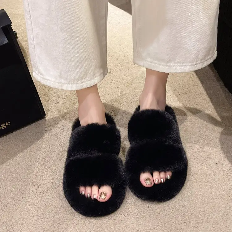 2025 Spring and Autumn New Style Puff Platform Thick Bottom Height Increased Plush Fluffy Cotton Slippers Women's Outwear Home Fluffy Shoes