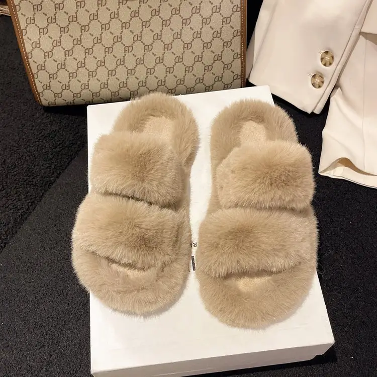 2025 Spring and Autumn New Style Puff Platform Thick Bottom Height Increased Plush Fluffy Cotton Slippers Women's Outwear Home Fluffy Shoes