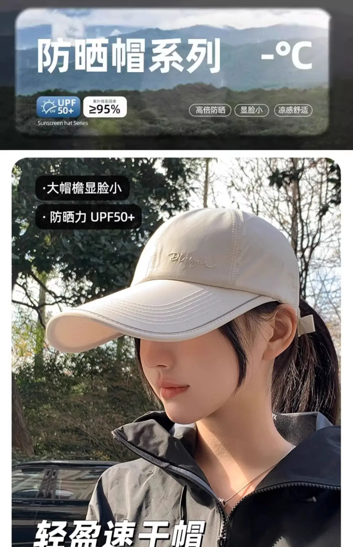 Women Sunscreen Cap UV50+ Quick Dry Light Gray — feature 1