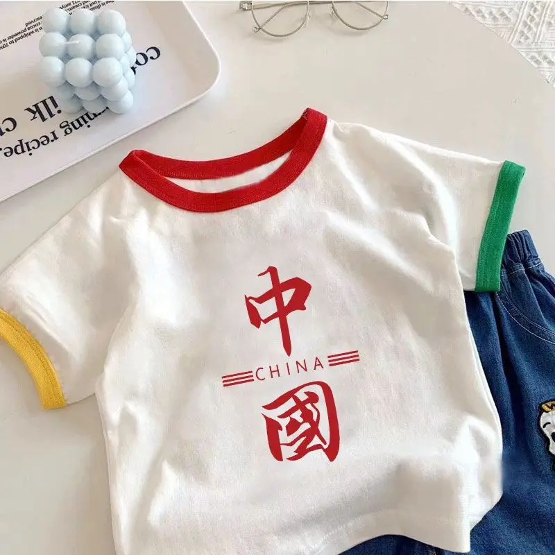 White China Flag Cotton T-Shirt for Boys