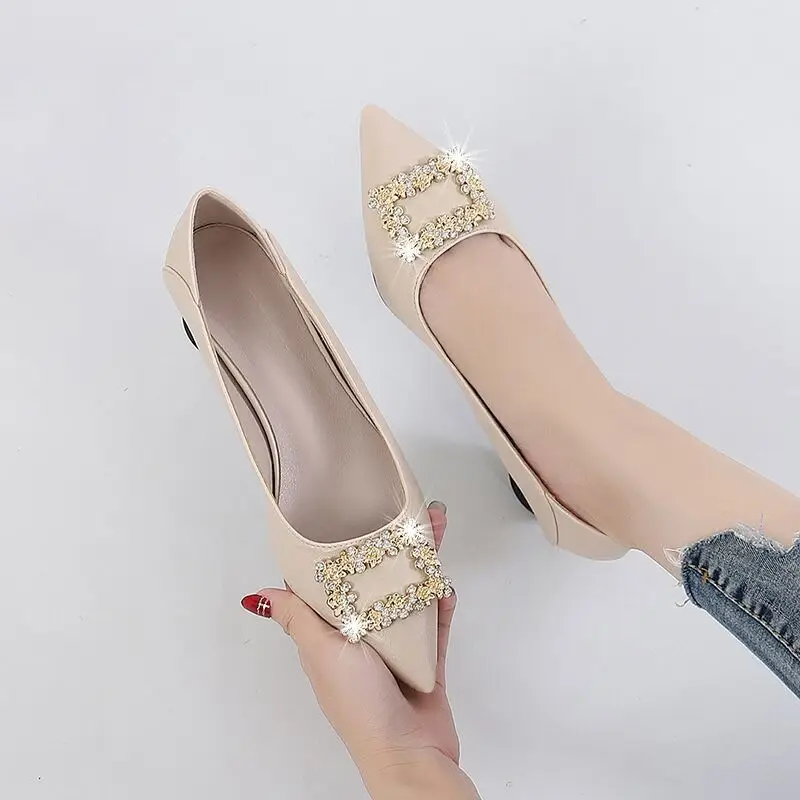 Spring and Autumn New Two-Wear Shallow Mouth Shoes Women's Work Shoes with Square Buckle Rhinestone Thick Heel Mid-Heel Pointed All-Match High Heels for Women — feature 10