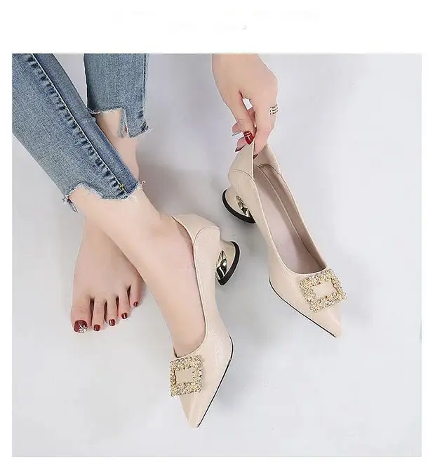 Spring and Autumn New Two-Wear Shallow Mouth Shoes Women's Work Shoes with Square Buckle Rhinestone Thick Heel Mid-Heel Pointed All-Match High Heels for Women — feature 11
