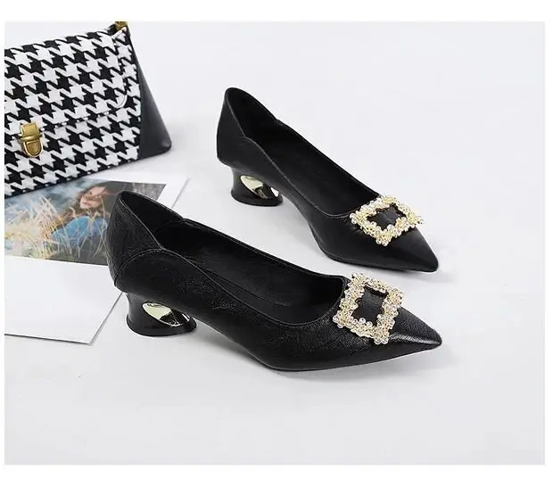 Spring and Autumn New Two-Wear Shallow Mouth Shoes Women's Work Shoes with Square Buckle Rhinestone Thick Heel Mid-Heel Pointed All-Match High Heels for Women — feature 15