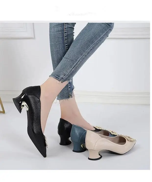 Spring and Autumn New Two-Wear Shallow Mouth Shoes Women's Work Shoes with Square Buckle Rhinestone Thick Heel Mid-Heel Pointed All-Match High Heels for Women — feature 2