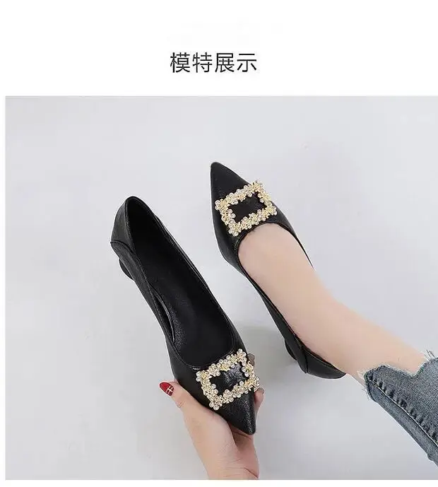 Spring and Autumn New Two-Wear Shallow Mouth Shoes Women's Work Shoes with Square Buckle Rhinestone Thick Heel Mid-Heel Pointed All-Match High Heels for Women — feature 6