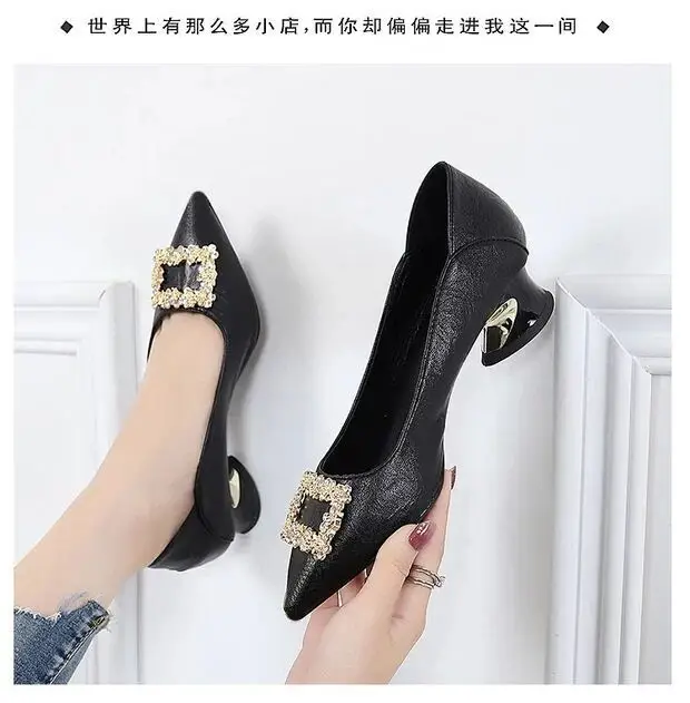 Spring and Autumn New Two-Wear Shallow Mouth Shoes Women's Work Shoes with Square Buckle Rhinestone Thick Heel Mid-Heel Pointed All-Match High Heels for Women — feature 7