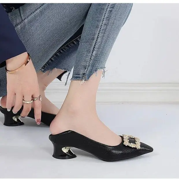 Spring and Autumn New Two-Wear Shallow Mouth Shoes Women's Work Shoes with Square Buckle Rhinestone Thick Heel Mid-Heel Pointed All-Match High Heels for Women — feature 9