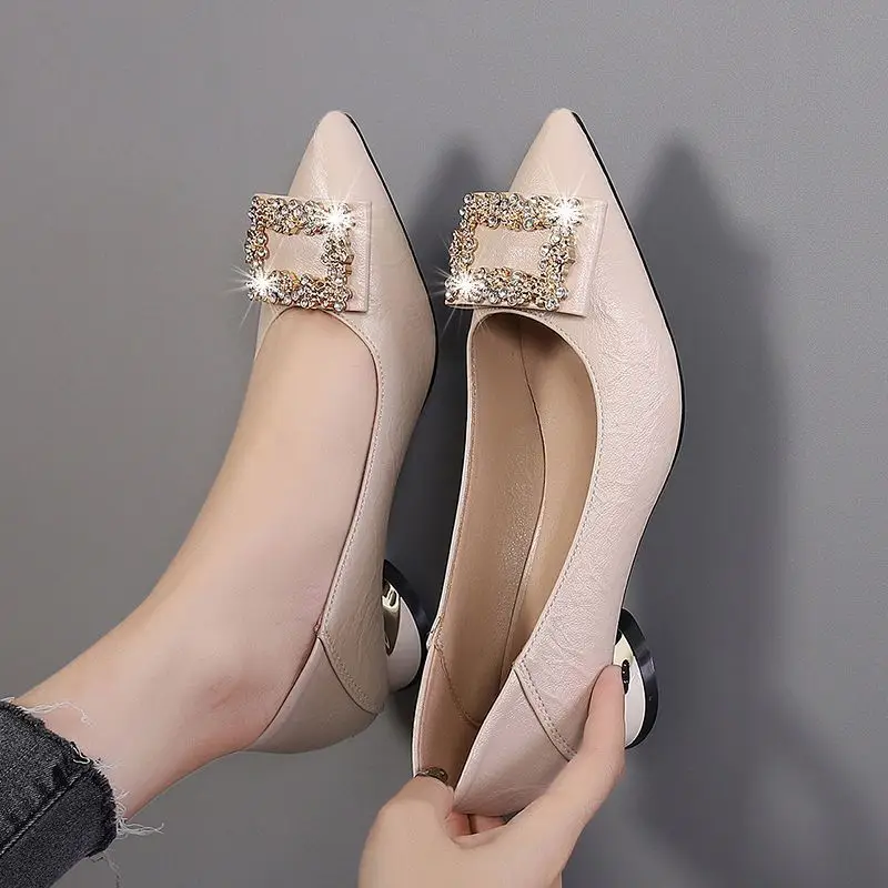 Spring and Autumn New Two-Wear Shallow Mouth Shoes Women's Work Shoes with Square Buckle Rhinestone Thick Heel Mid-Heel Pointed All-Match High Heels for Women - Image 2