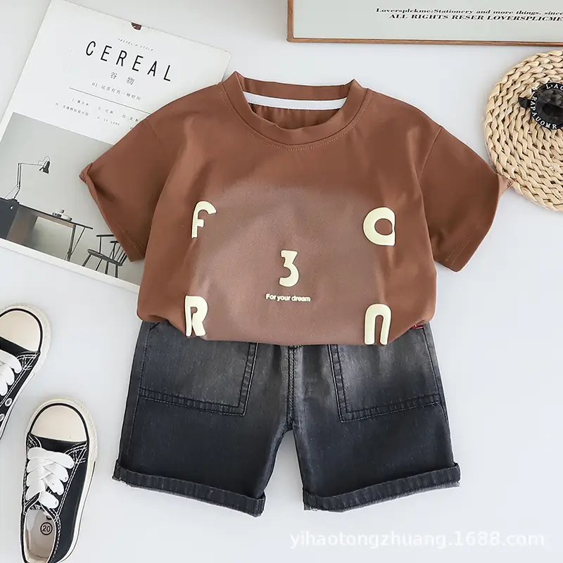 Kids Printed Letter T-Shirt Shorts Set Red Black Summer - Image 2