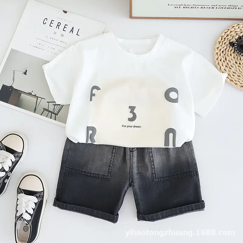 Kids Printed Letter T-Shirt Shorts Set Red Black Summer - Image 3