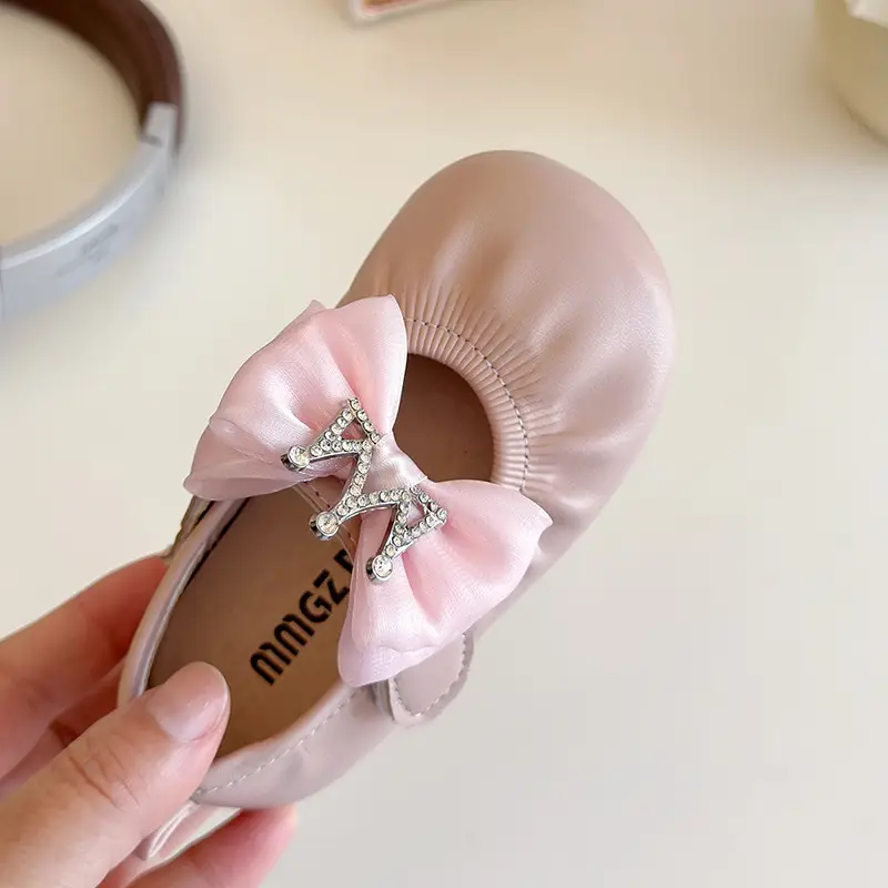 Girls Bow Princess Shoes 2025 Korean Style Leather Crown Rhinestone