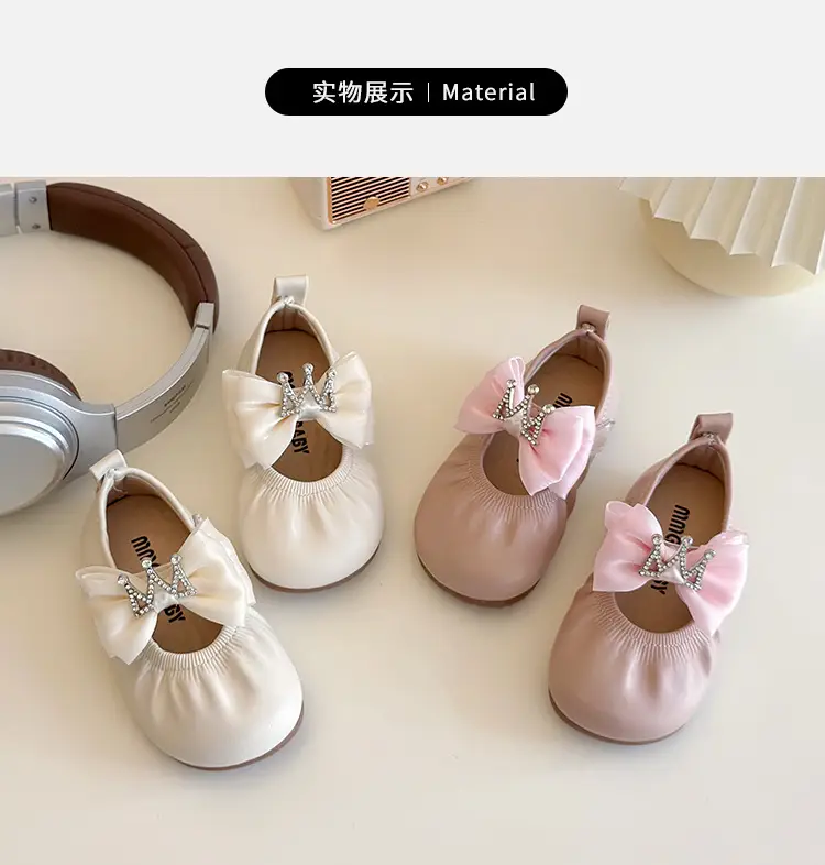 Girls Bow Princess Shoes 2025 Korean Style Leather Crown Rhinestone — feature 8