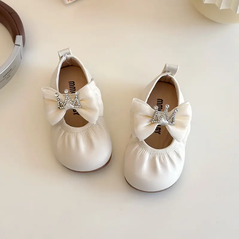Girls Bow Princess Shoes 2025 Korean Style Leather Crown Rhinestone