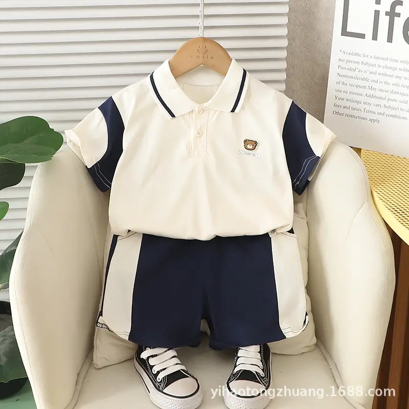 Yijia Kids Polo Shirt Shorts Set Gray Blue Summer