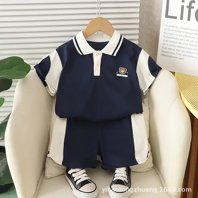 Yijia Kids Polo Shirt Shorts Set Gray Blue Summer