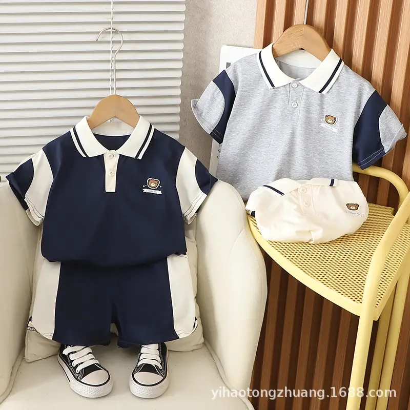 Yijia Kids Polo Shirt Shorts Set Gray Blue Summer