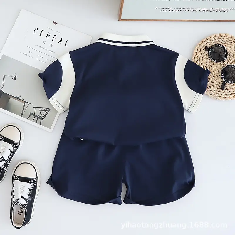 Yijia Kids Polo Shirt Shorts Set Gray Blue Summer — feature 5