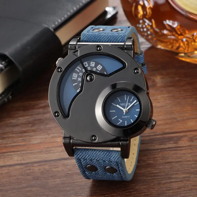 Men's Vintage Denim Strap Dual Time Zone Watch