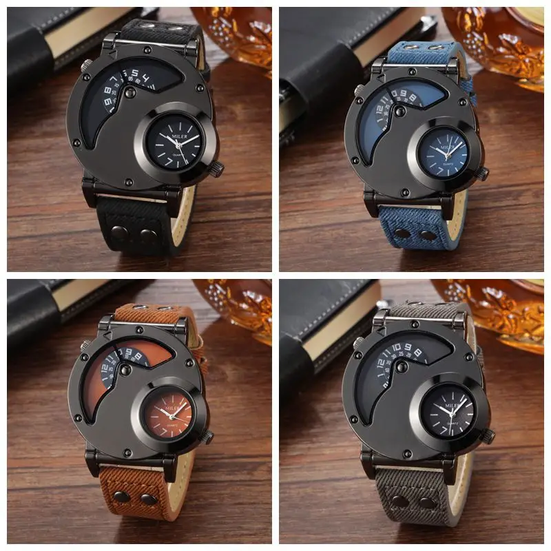 Men's Vintage Denim Strap Dual Time Zone Watch — feature 1