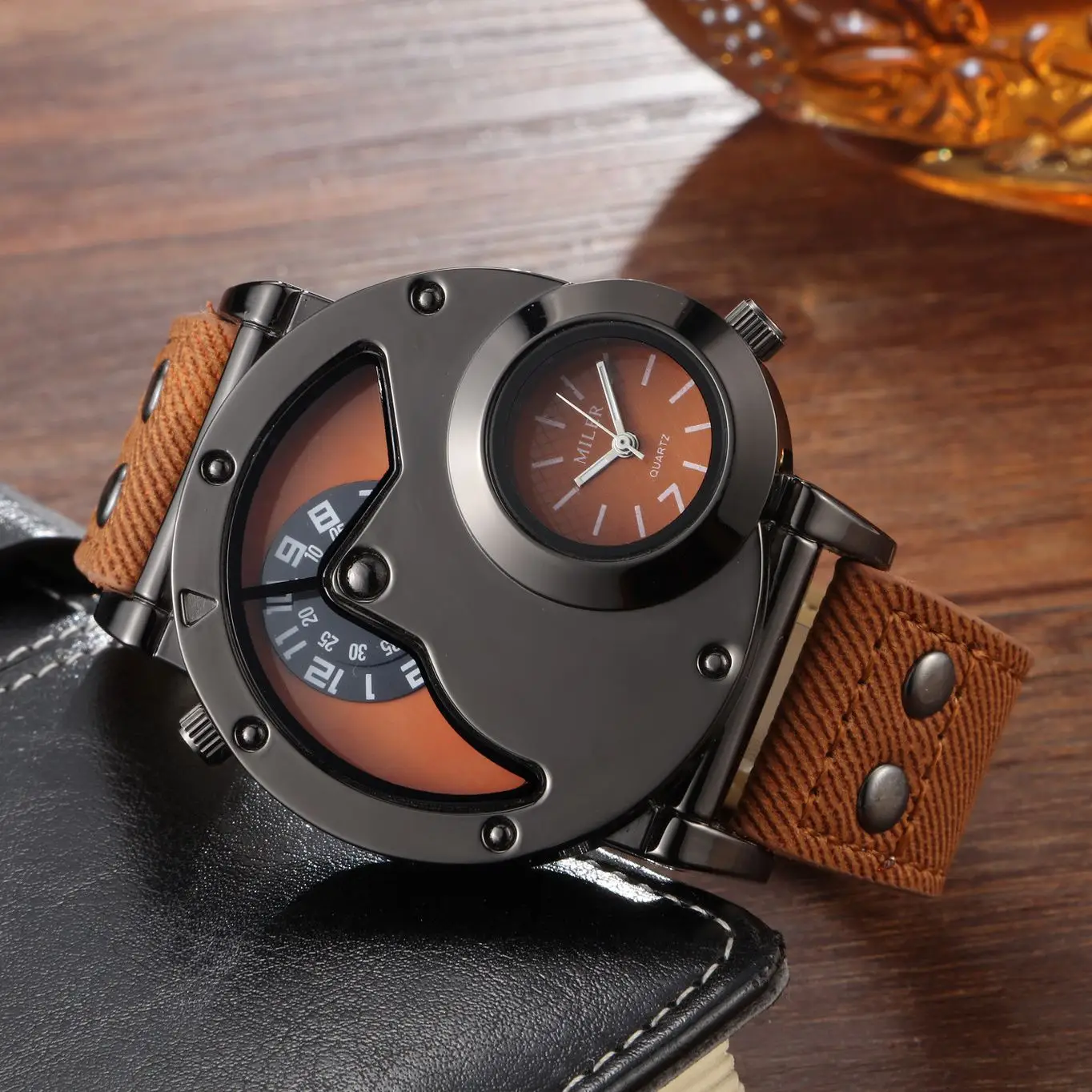 Men's Vintage Denim Strap Dual Time Zone Watch — feature 10