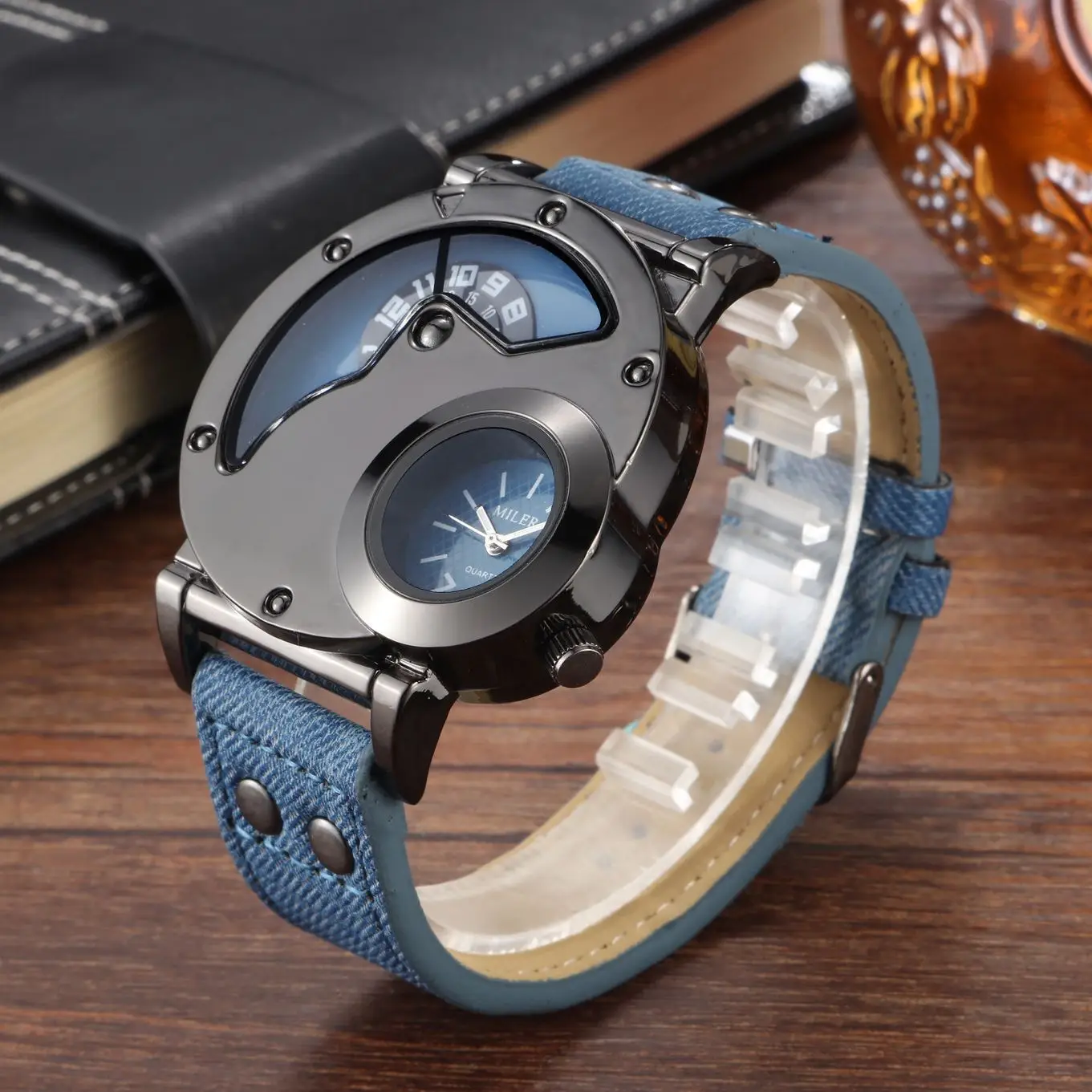 Men's Vintage Denim Strap Dual Time Zone Watch — feature 11