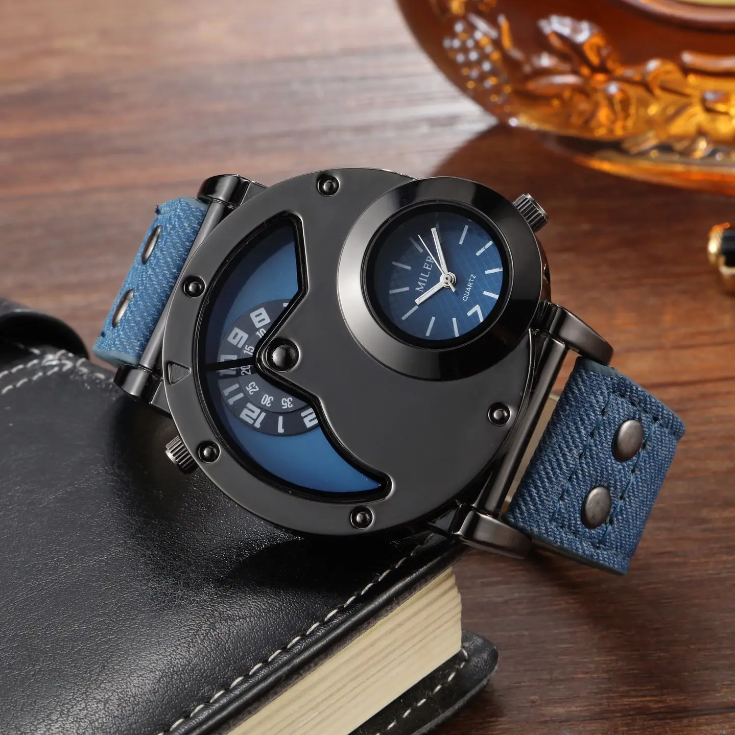 Men's Vintage Denim Strap Dual Time Zone Watch — feature 12