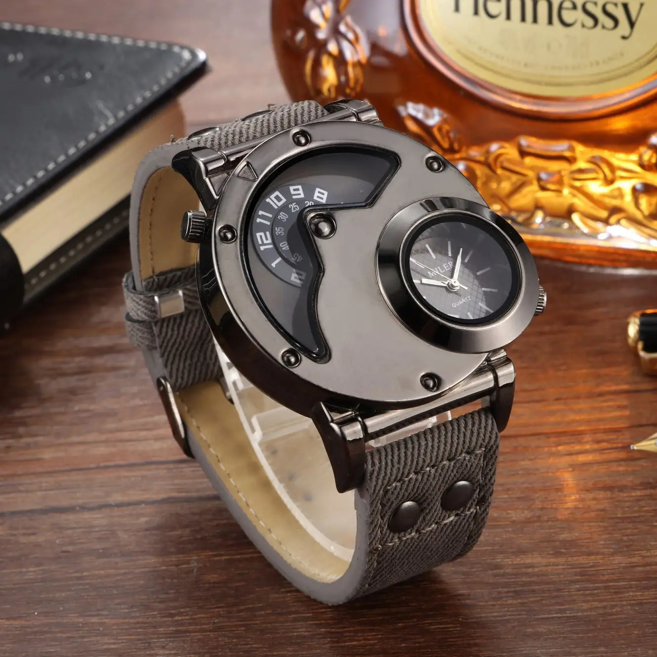 Men's Vintage Denim Strap Dual Time Zone Watch — feature 13