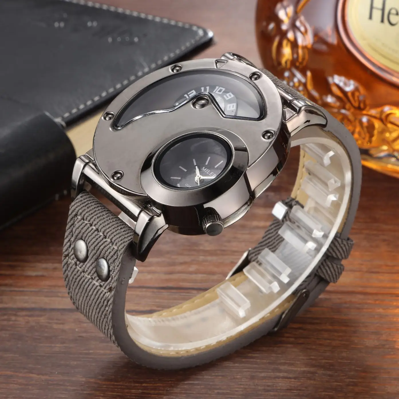 Men's Vintage Denim Strap Dual Time Zone Watch — feature 14