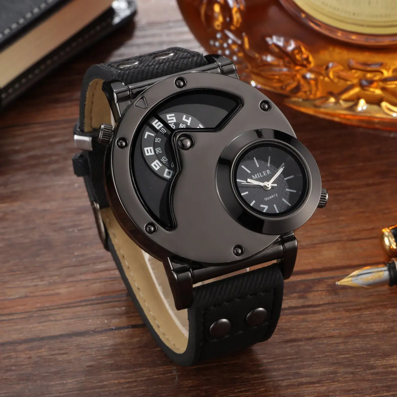 Men's Vintage Denim Strap Dual Time Zone Watch — feature 7