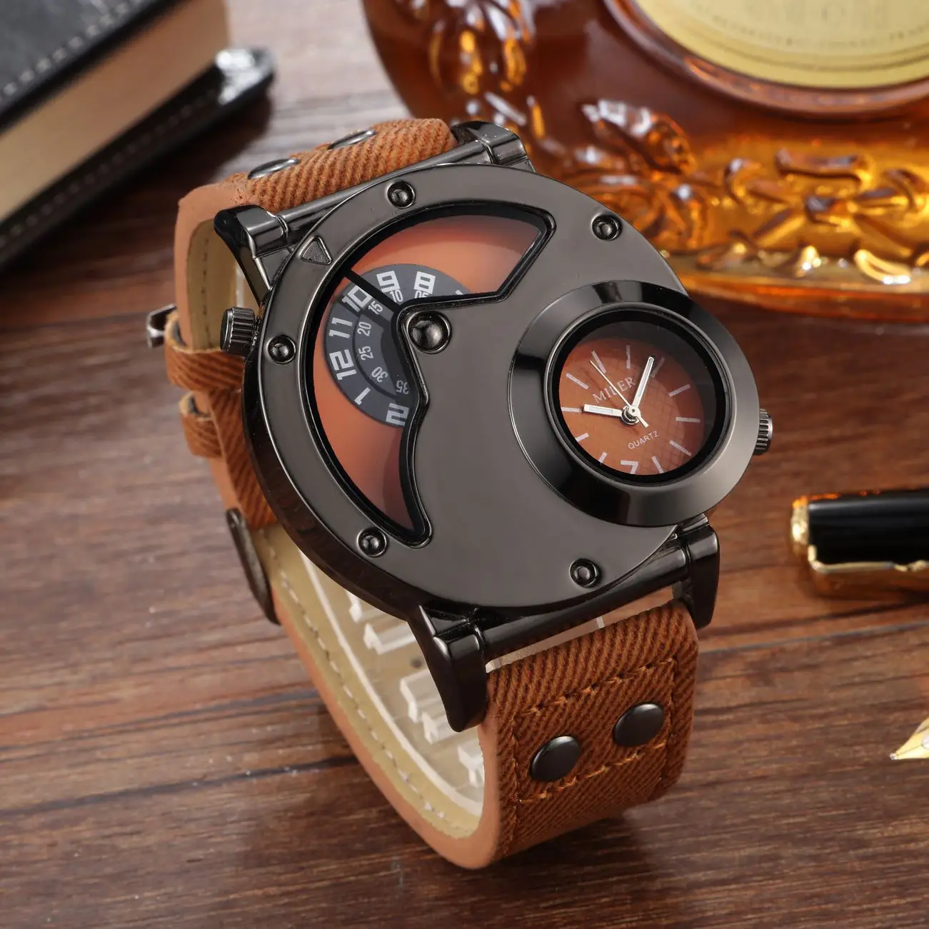 Men's Vintage Denim Strap Dual Time Zone Watch — feature 9