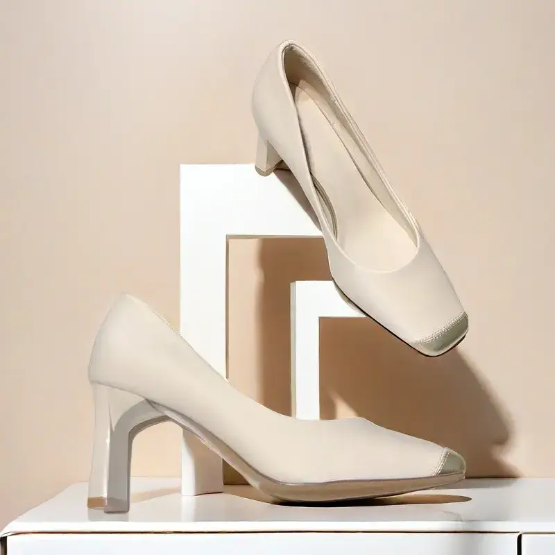 Women Retro Square Toe High Heels Cream 2026 - Image 6