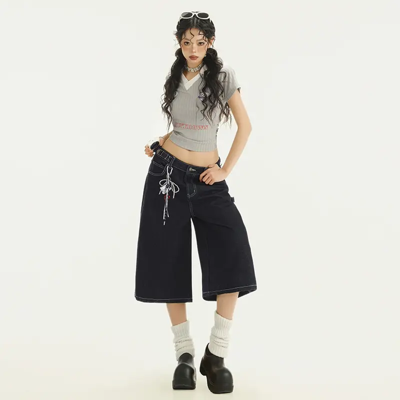 Young Orange# American Style Retro Dark Blue Wide Leg Cropped Jeans Women's Loose Slimming Personalized Trendy All-match Straight Pants