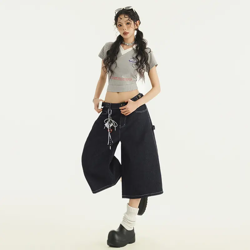 Young Orange# American Style Retro Dark Blue Wide Leg Cropped Jeans Women's Loose Slimming Personalized Trendy All-match Straight Pants