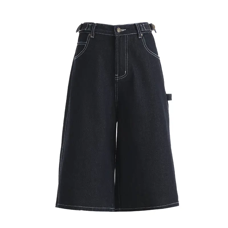 Young Orange# American Style Retro Dark Blue Wide Leg Cropped Jeans Women's Loose Slimming Personalized Trendy All-match Straight Pants