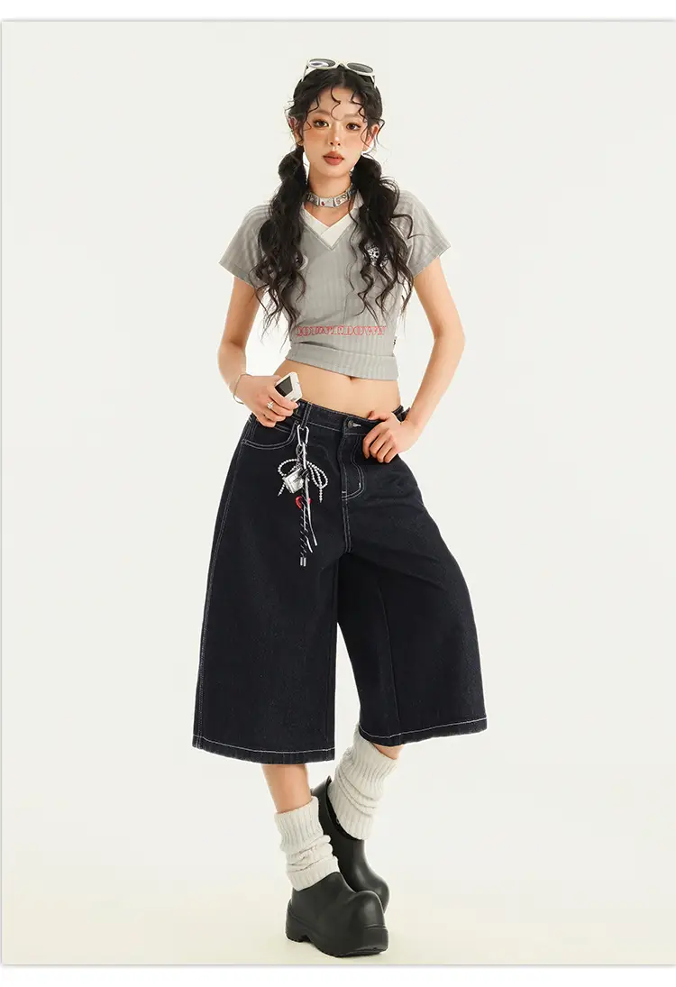 Young Orange# American Style Retro Dark Blue Wide Leg Cropped Jeans Women's Loose Slimming Personalized Trendy All-match Straight Pants — feature 10