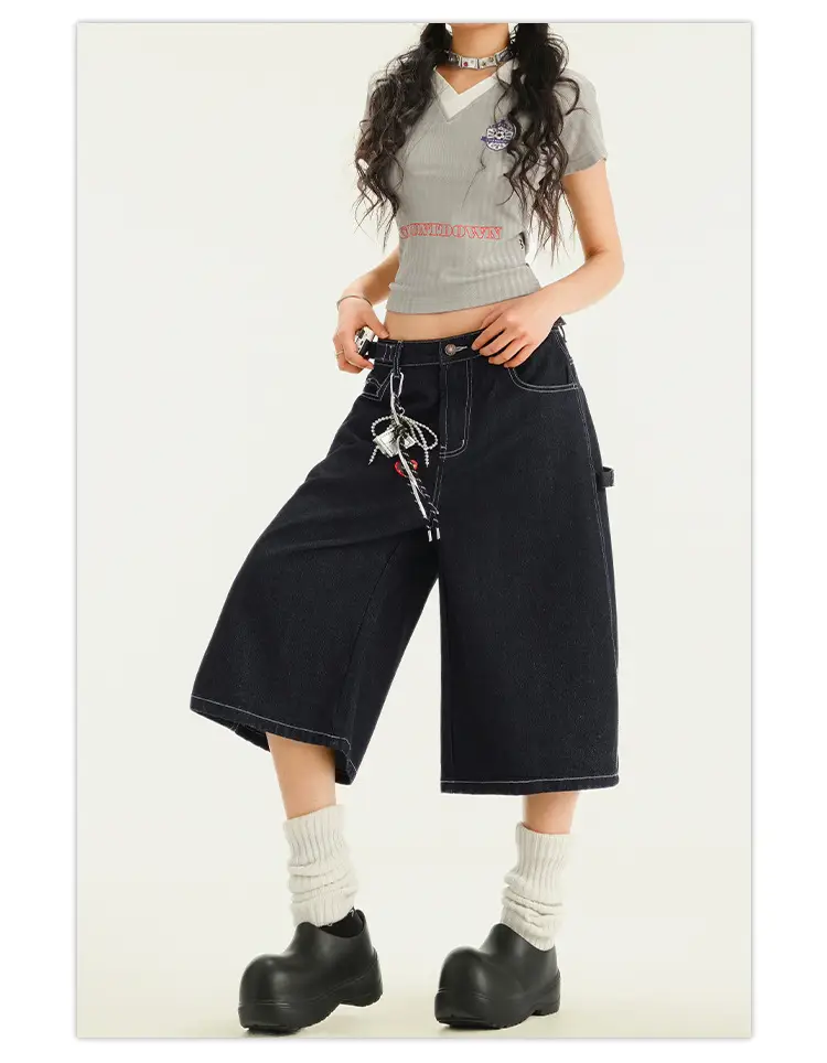 Young Orange# American Style Retro Dark Blue Wide Leg Cropped Jeans Women's Loose Slimming Personalized Trendy All-match Straight Pants — feature 11