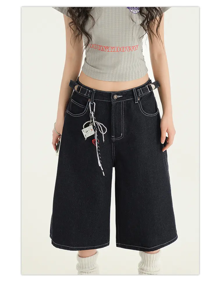 Young Orange# American Style Retro Dark Blue Wide Leg Cropped Jeans Women's Loose Slimming Personalized Trendy All-match Straight Pants — feature 12