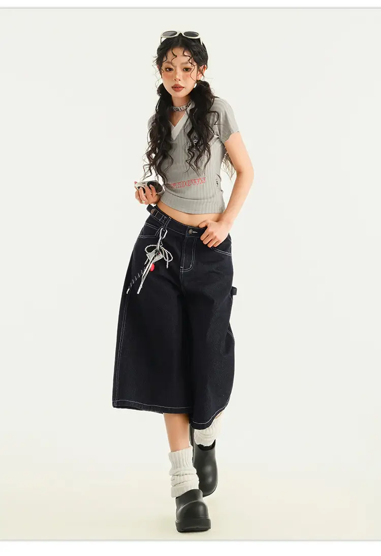 Young Orange# American Style Retro Dark Blue Wide Leg Cropped Jeans Women's Loose Slimming Personalized Trendy All-match Straight Pants — feature 13