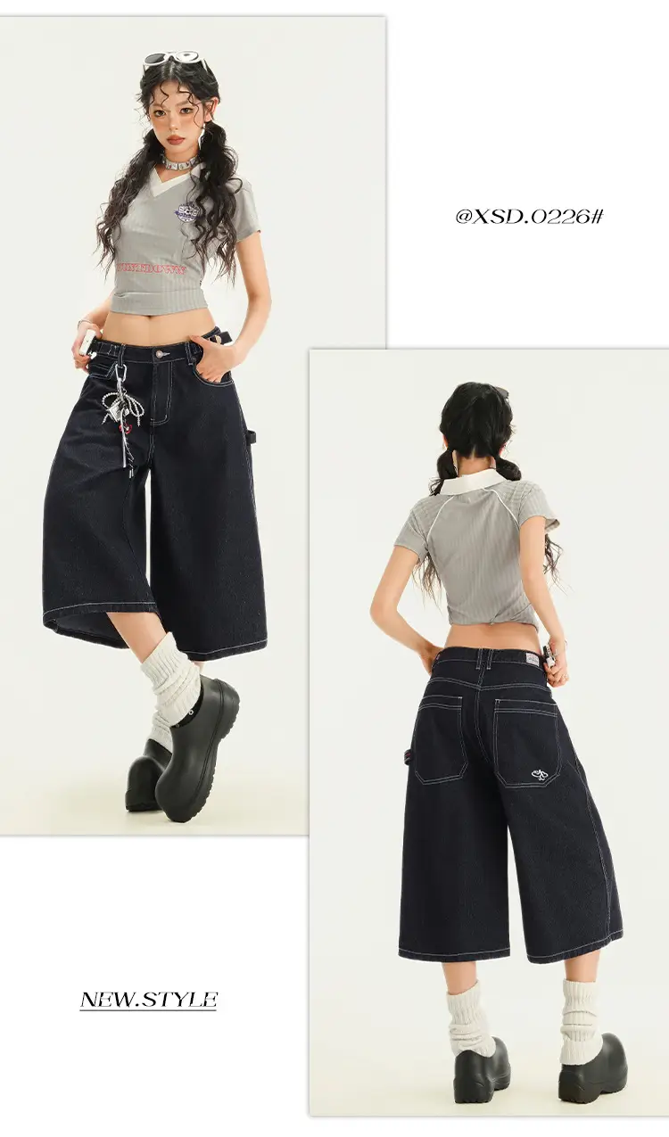 Young Orange# American Style Retro Dark Blue Wide Leg Cropped Jeans Women's Loose Slimming Personalized Trendy All-match Straight Pants — feature 14