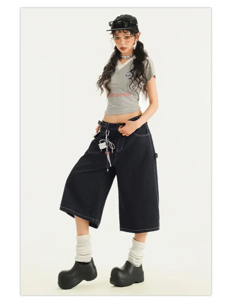 Young Orange# American Style Retro Dark Blue Wide Leg Cropped Jeans Women's Loose Slimming Personalized Trendy All-match Straight Pants — feature 15