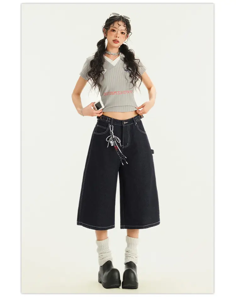 Young Orange# American Style Retro Dark Blue Wide Leg Cropped Jeans Women's Loose Slimming Personalized Trendy All-match Straight Pants — feature 16