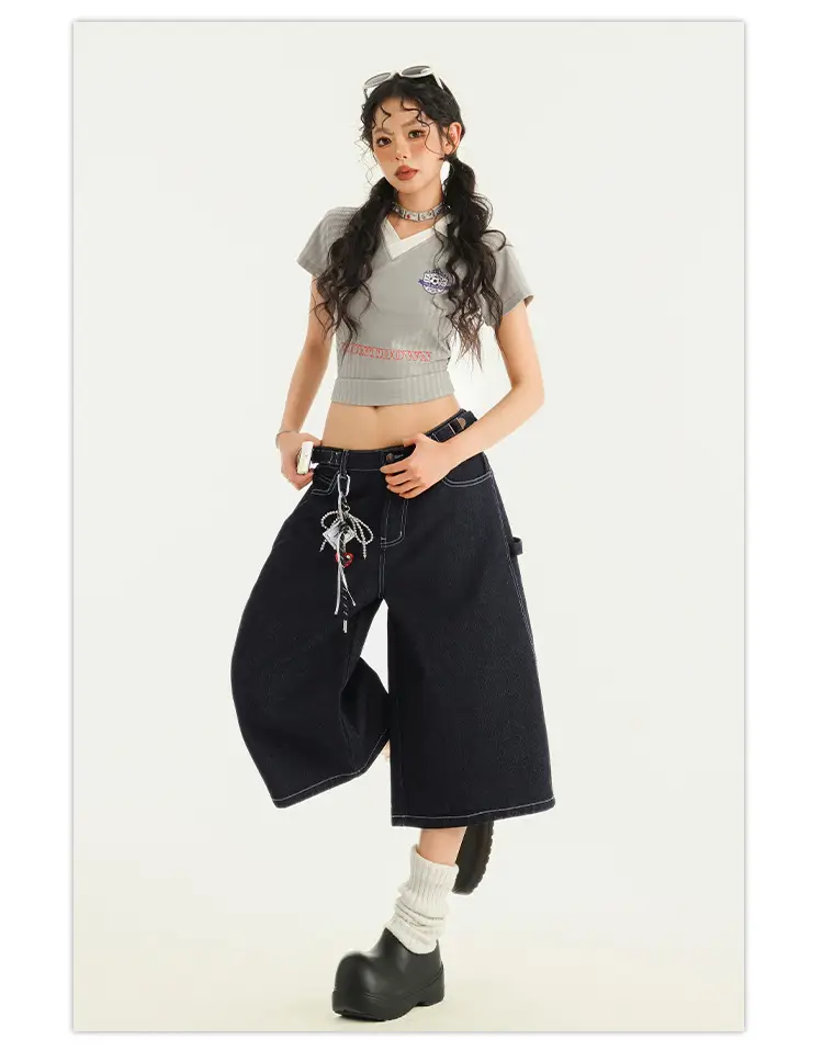 Young Orange# American Style Retro Dark Blue Wide Leg Cropped Jeans Women's Loose Slimming Personalized Trendy All-match Straight Pants — feature 17