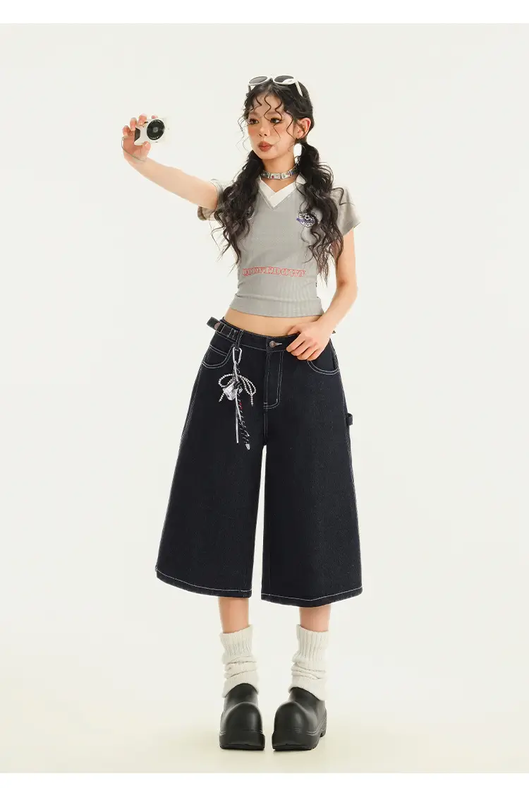 Young Orange# American Style Retro Dark Blue Wide Leg Cropped Jeans Women's Loose Slimming Personalized Trendy All-match Straight Pants — feature 18