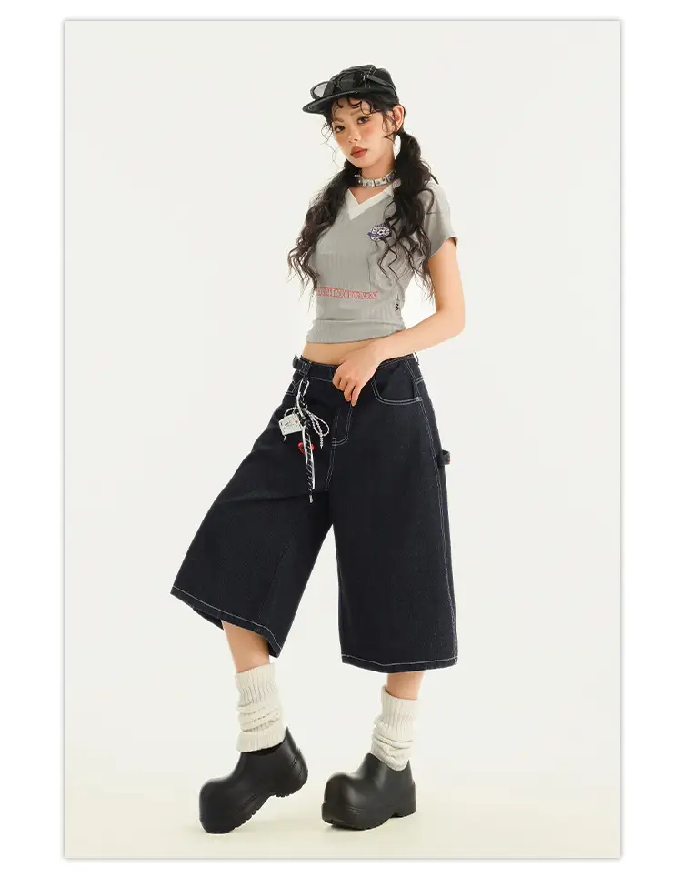 Young Orange# American Style Retro Dark Blue Wide Leg Cropped Jeans Women's Loose Slimming Personalized Trendy All-match Straight Pants — feature 19
