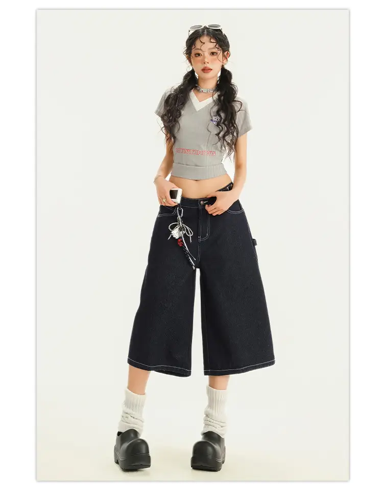 Young Orange# American Style Retro Dark Blue Wide Leg Cropped Jeans Women's Loose Slimming Personalized Trendy All-match Straight Pants — feature 20