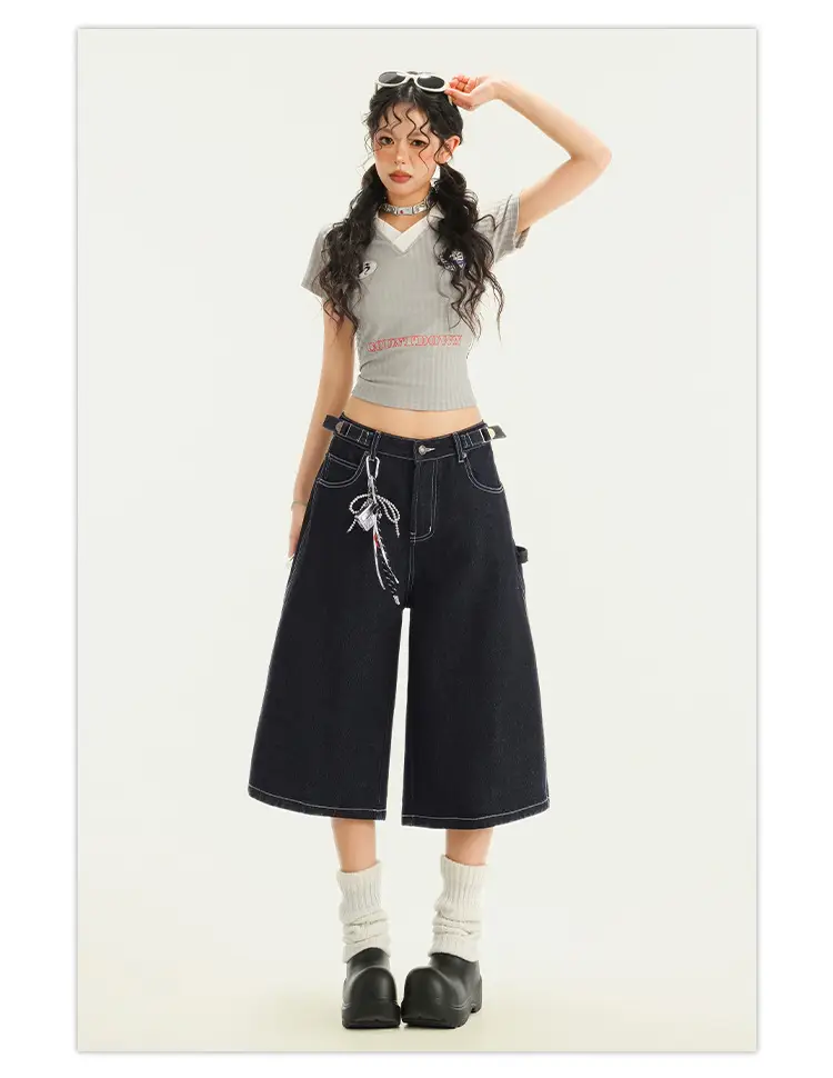 Young Orange# American Style Retro Dark Blue Wide Leg Cropped Jeans Women's Loose Slimming Personalized Trendy All-match Straight Pants — feature 21